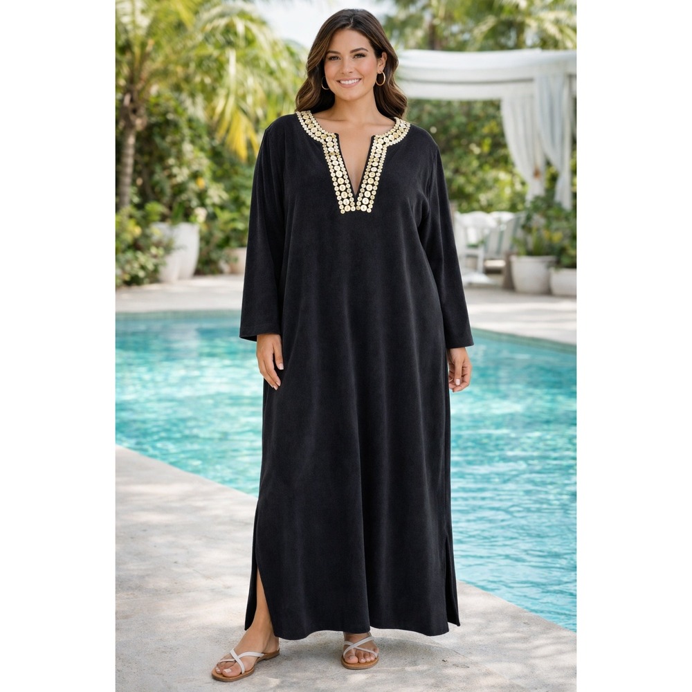 Quacker Factory Terry Maxi Caftan Dress Black Resort Poolside Cruise Medium NWOT